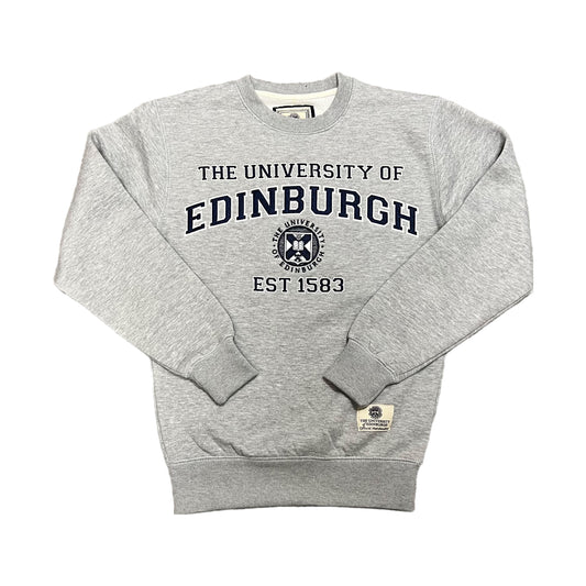 Premium applique sweatshirt in grey, with University name, crest and year of establishment on the chest in bold navy.