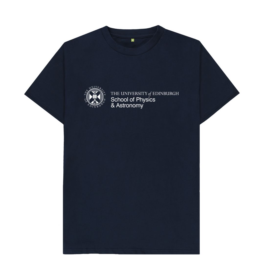 Navy T Shirt  with white University crest and text that reads ' University of Edinburgh School of Physics and Astronomy