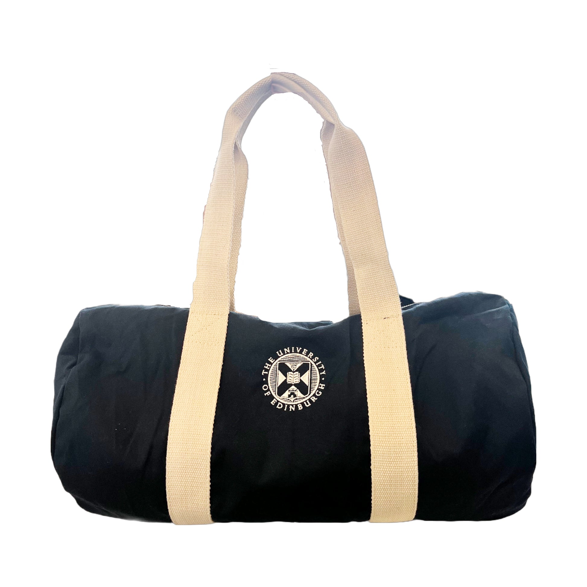 Navy barrel shaped canvas bag with cream handles. University crest is embriodered in the centre