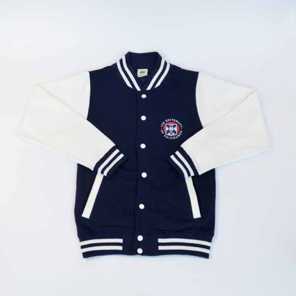 Navy Varsity Style Baseball Jacket with white contrast sleeves, white buttons and University crest details.