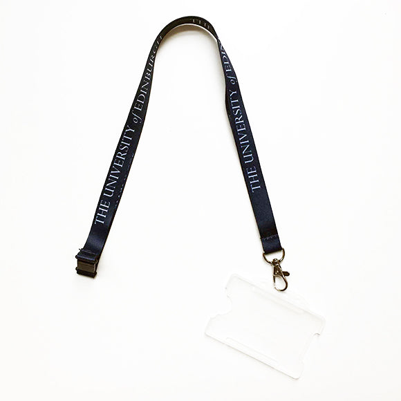 Navy blue lanyard with 'The University odd Edinburgh' in white print and clear plastic card holder.  