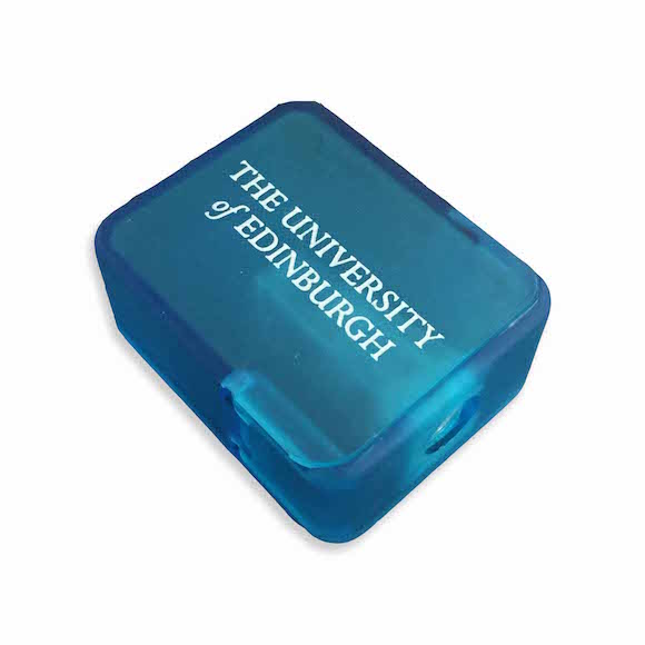 Blue pencil sharpener with the University of Edinburgh text, placed diagonally