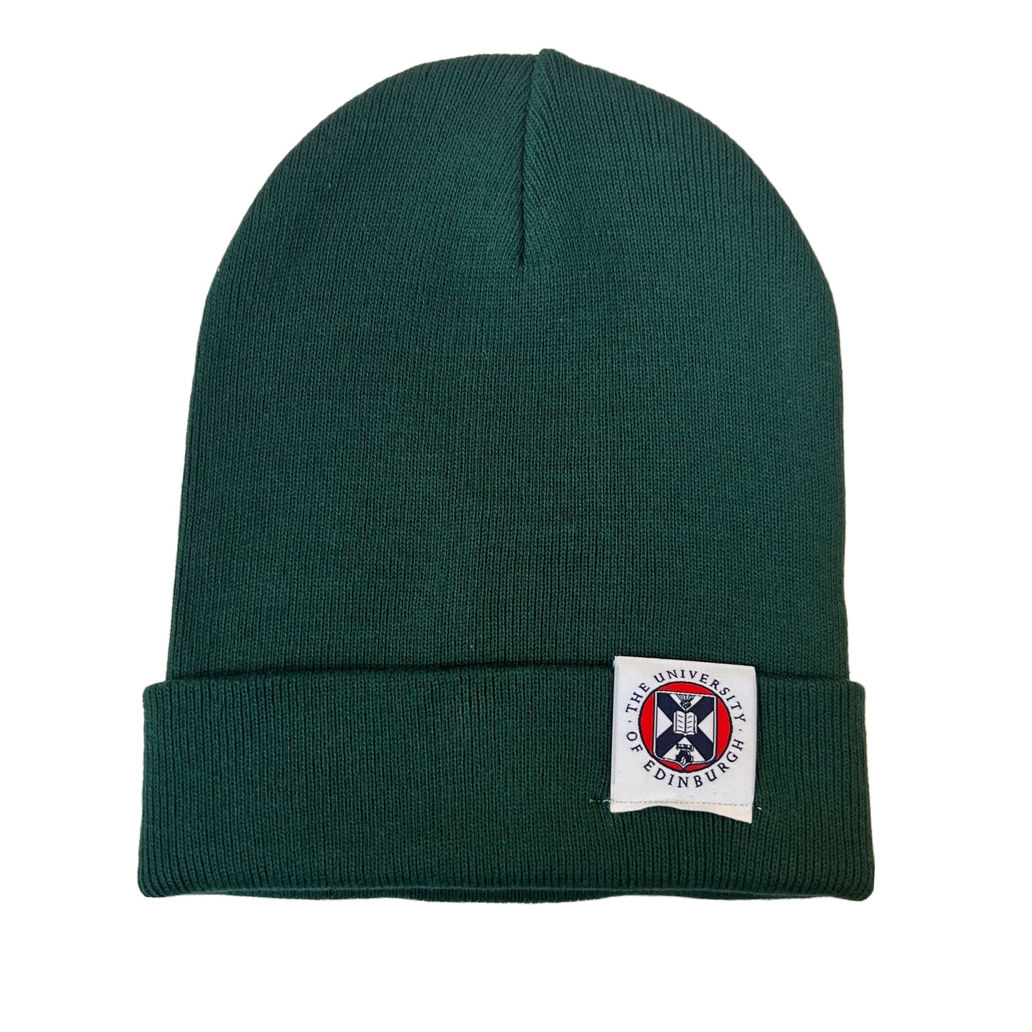 bottle green rubbed beanie with woven label featuring University crest in red white and navy