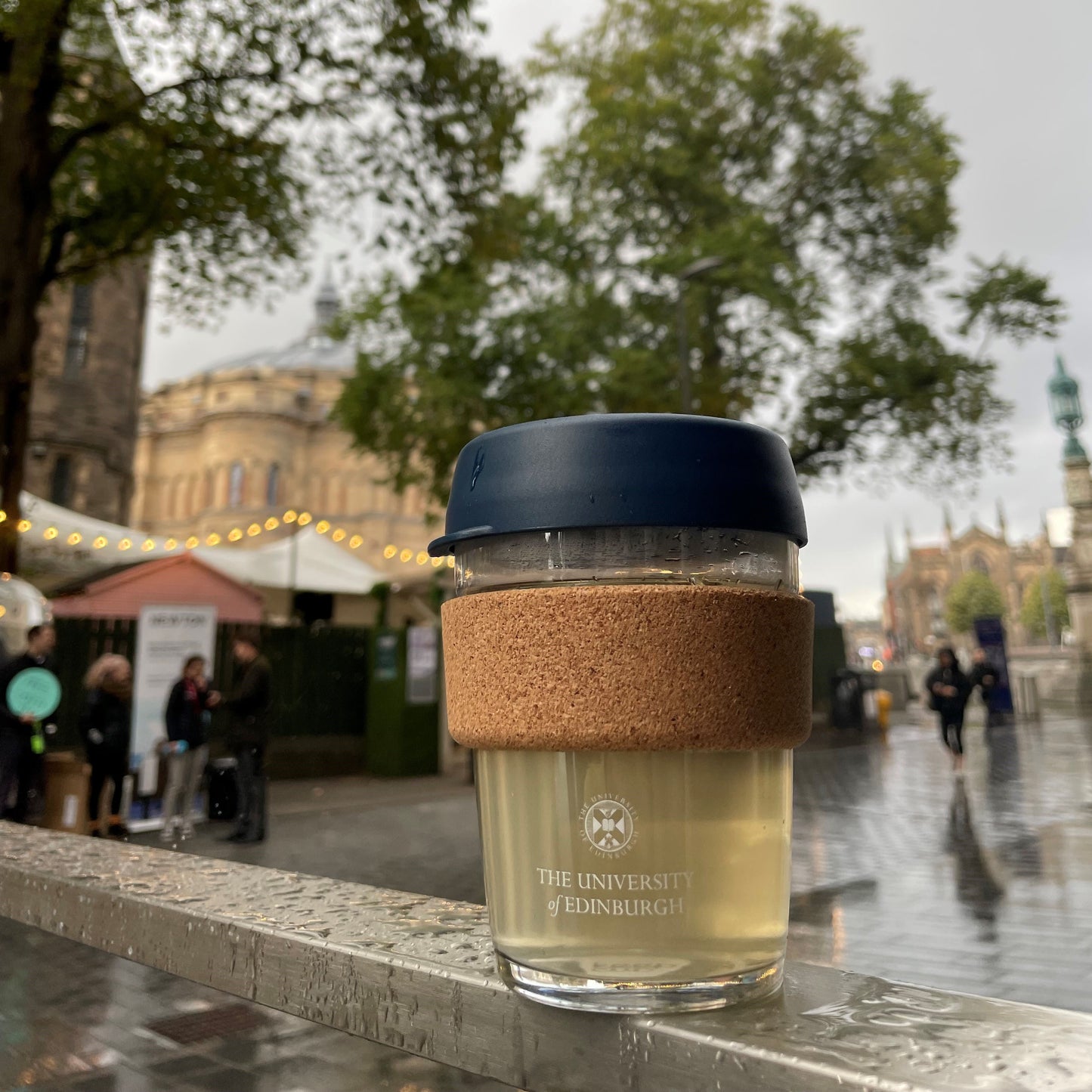 A Keep Cup Brew Cup displayed in front of Teviot Row House