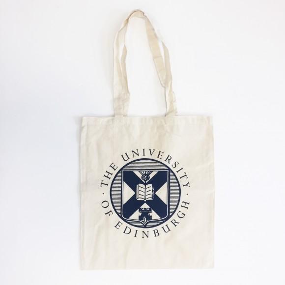 Natural organic cotton shopper bag with navy blue University crest