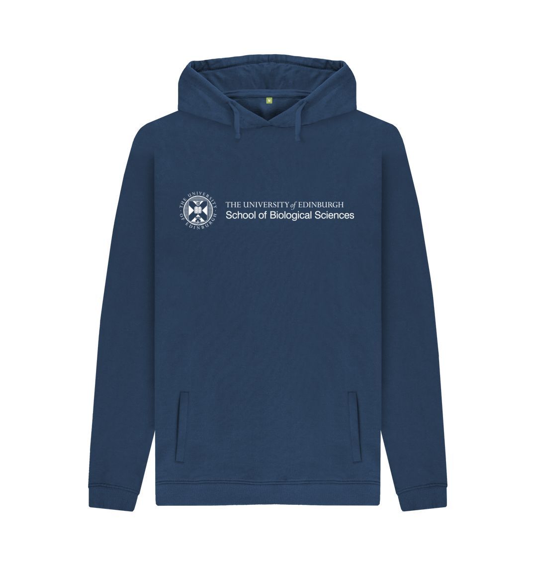 Navy Hoodie with white University crest and text that reads ' University of Edinburgh : School of Biological Sciences'