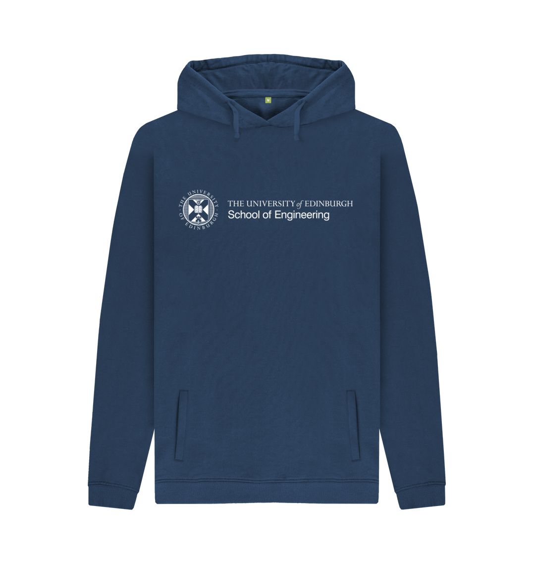 Navy hoodie with white University crest and text that reads ' University of Edinburgh School of Engineering