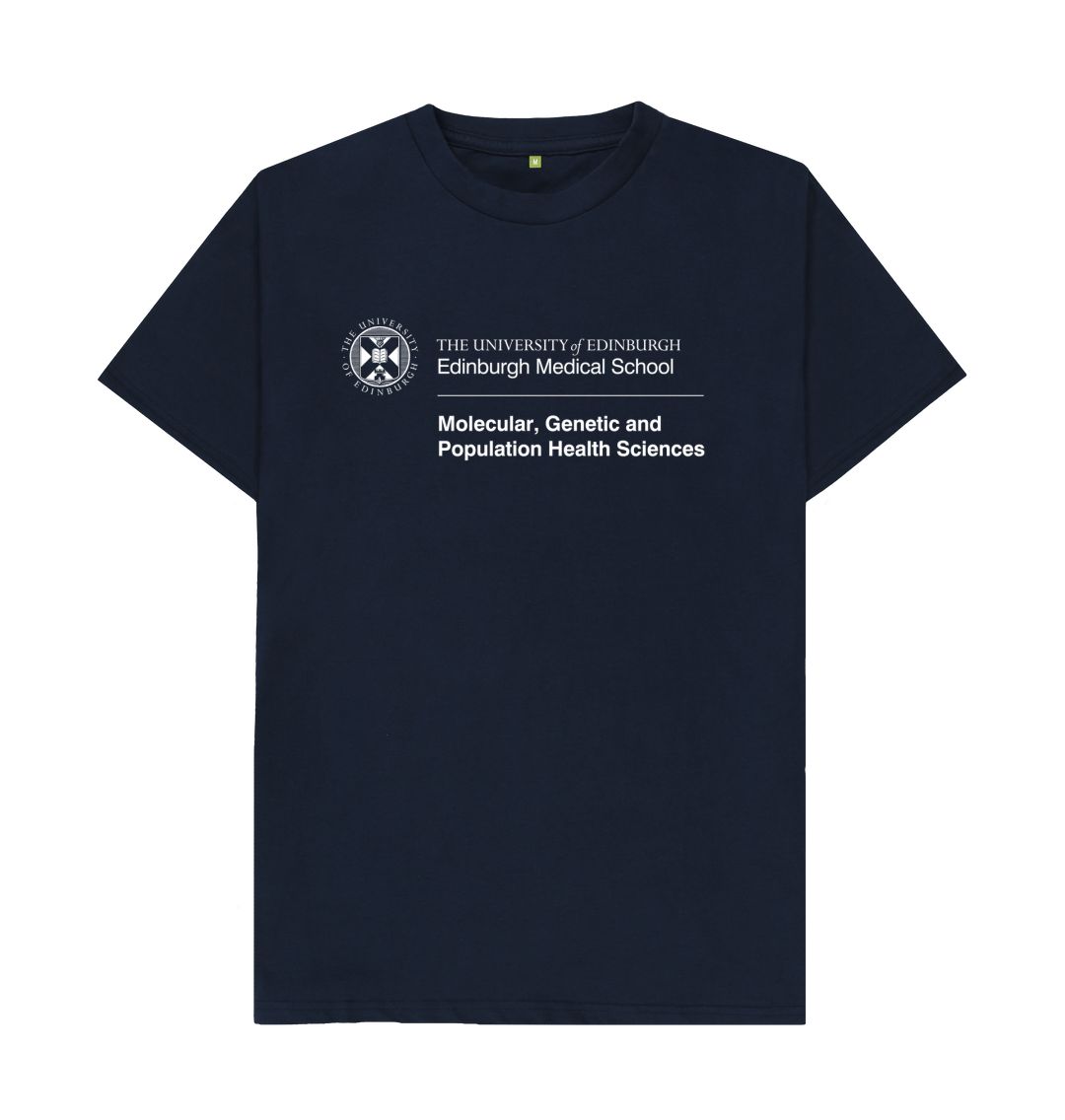 Navy T -Shirt  with white University crest and text that reads ' University of Edinburgh : Edinburgh Medical School - Molecular, Genetic and PopulationHealth Sciences'