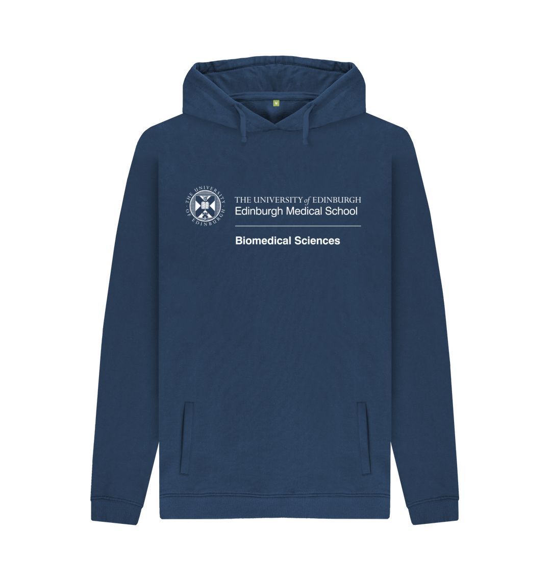 Navy Hoodie with white University crest and text that reads ' University of Edinburgh : Edinburgh Medical School - Biomedical Sciences '