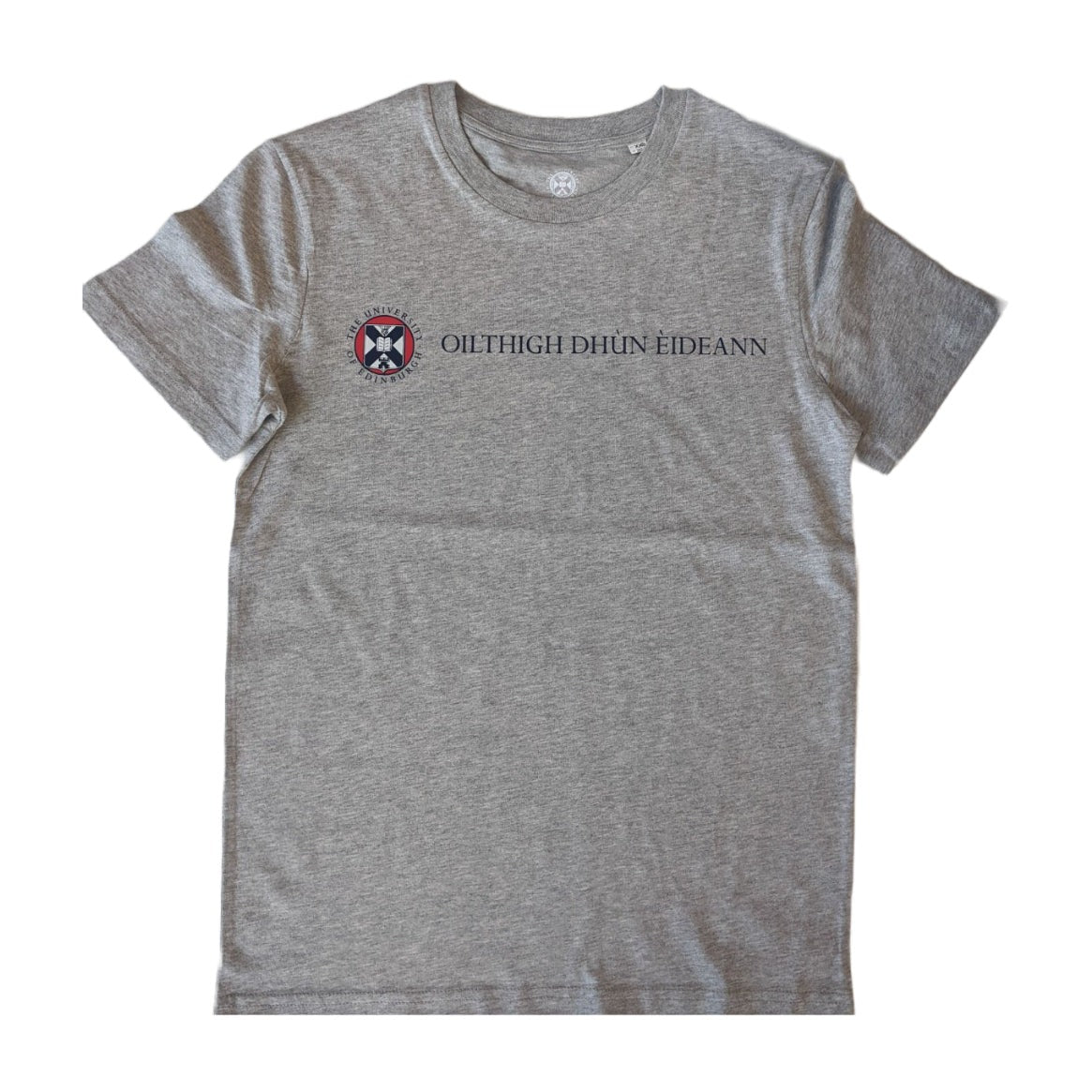 Grey t-shirt with the University name in Gaelic in navy print and university crest in navy red and white print