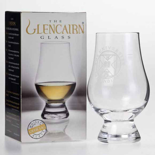The Glencairn whisky glass displayed next to the box it comes in