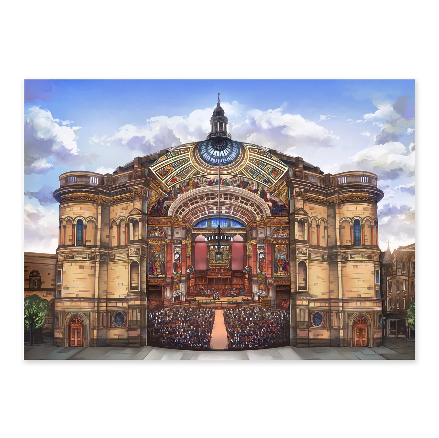 Art Print of McEwan Hall. Design shows the outside of the building, and in the centre the design shows a presentation of the inside.