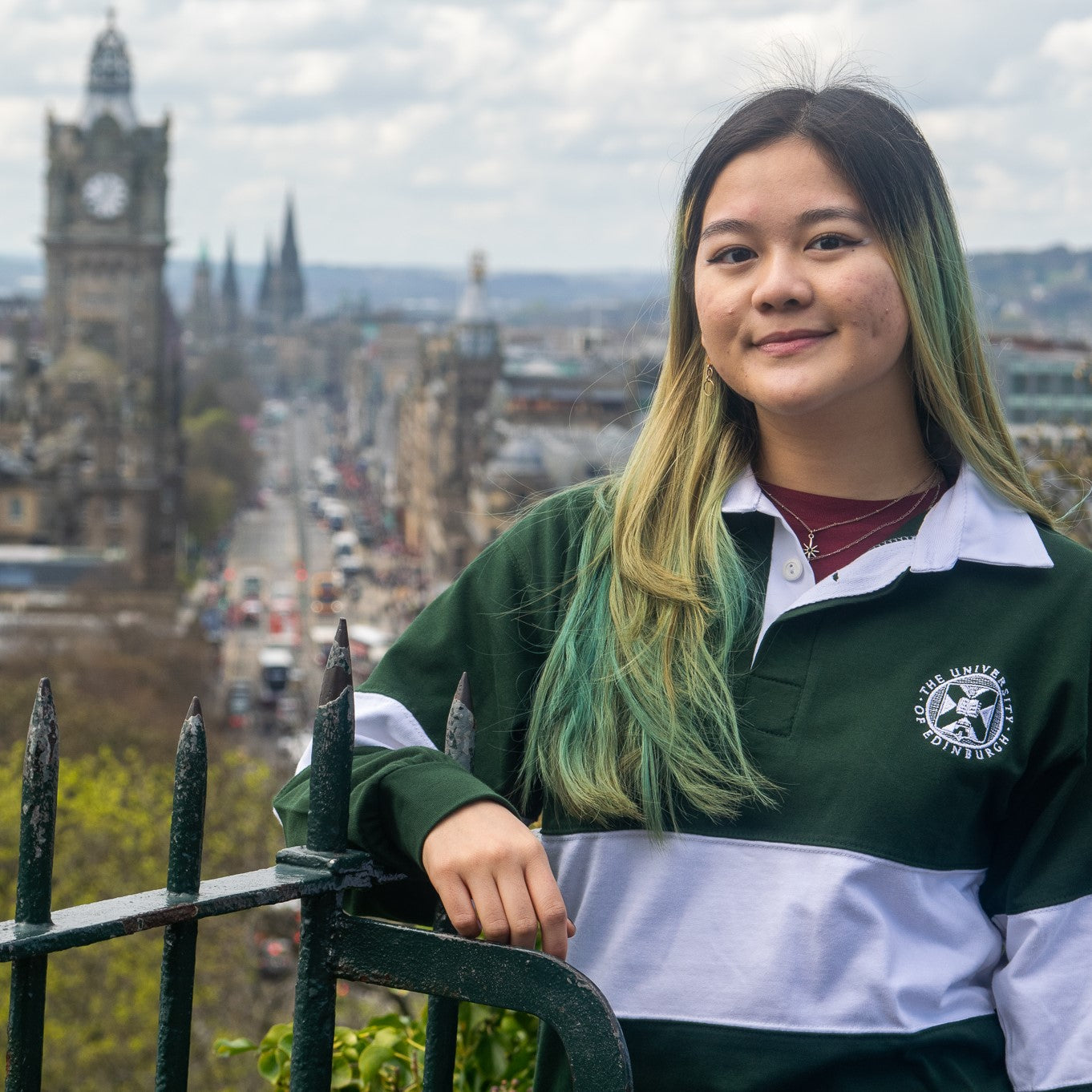 Model wearing Single Stripe Rugby Shirt in Green/White