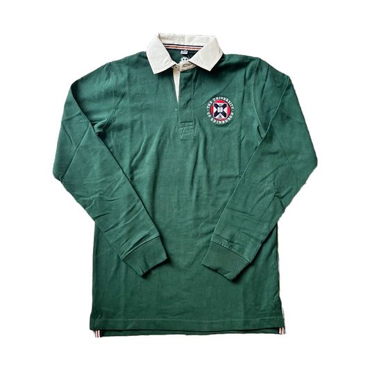 bottle green rugby shirt with white colour and university crest embroidered in full colour 