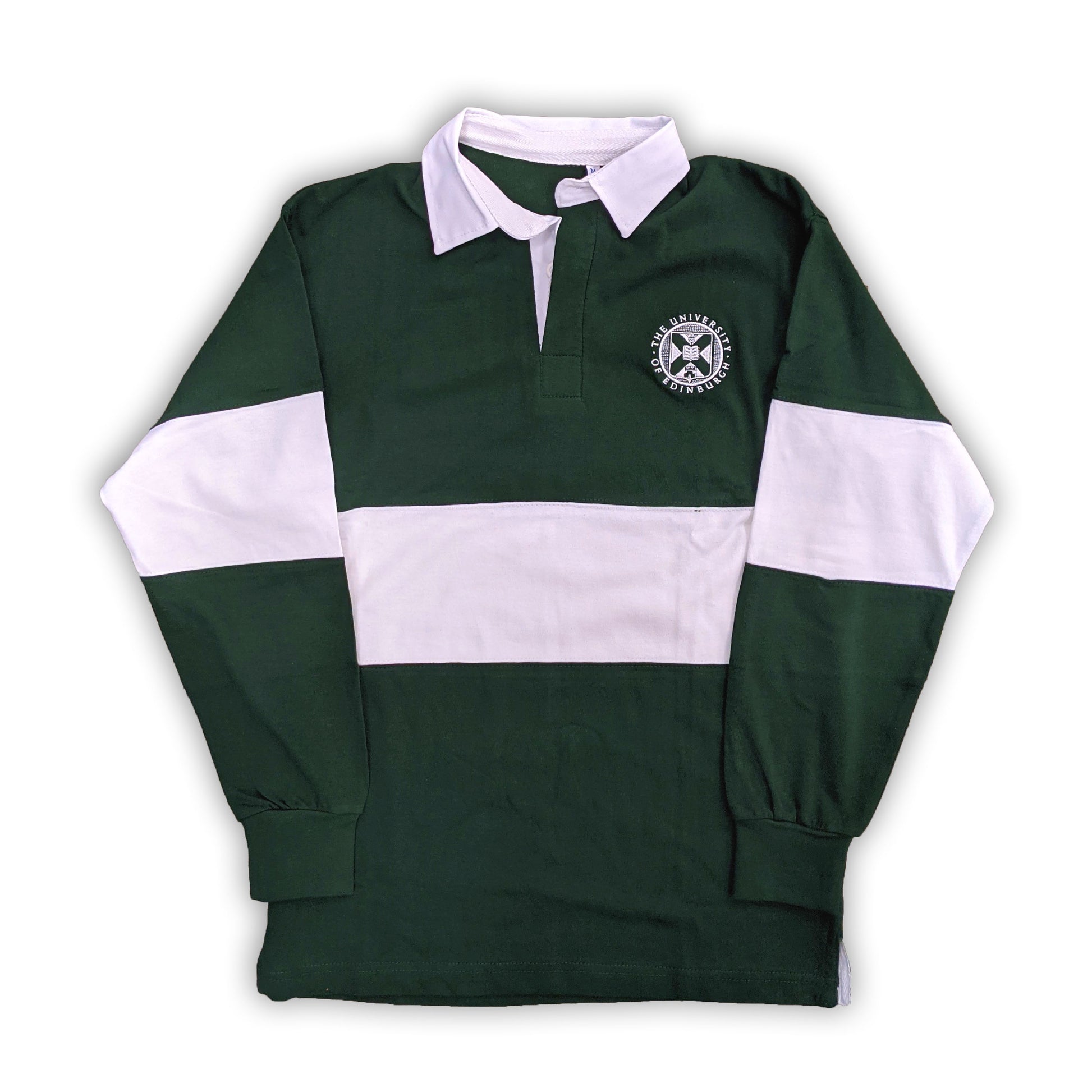 Bottle green rugby shirt with white paneling, white collar and white crest detailing. 