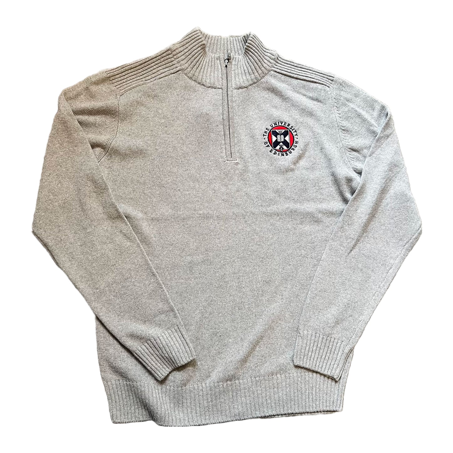 grey knitted quarter zip sweather with university crest embroidered in red white and navy