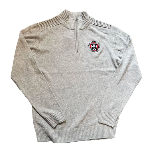 grey knitted quarter zip sweather with university crest embroidered in red white and navy
