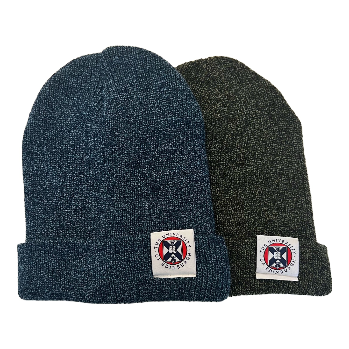 petrol blue and moss green beanies with woven label featuring university crest