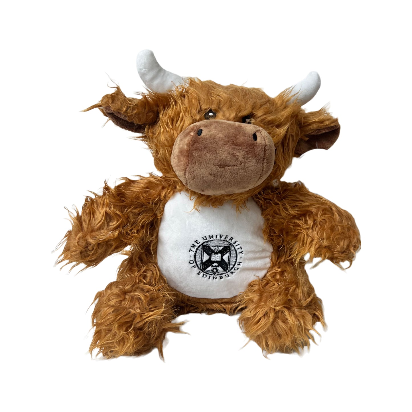 Highland cow plush toy with the university crest embroidered in black 