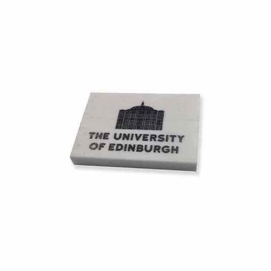 A white eraser featuring a design of McEwan Hall and the text "The University of Edinburgh"