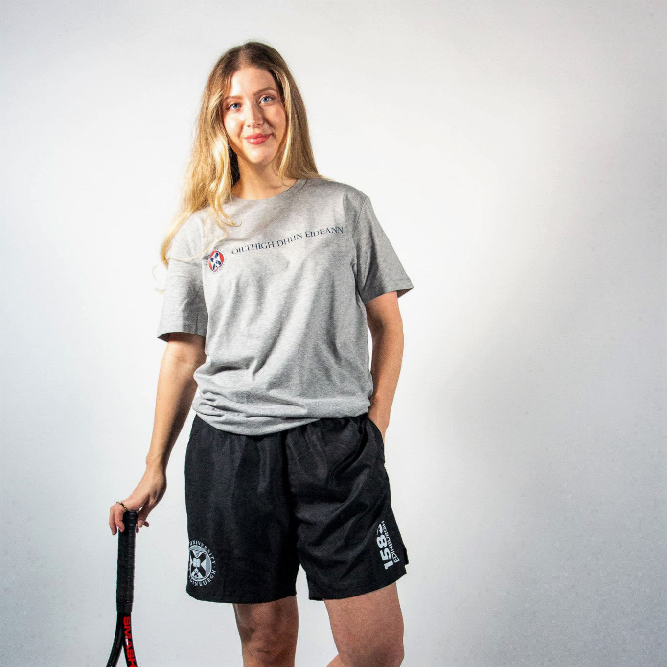 our model wears the university running shorts in black and the gaelic t-shirt in heather grey