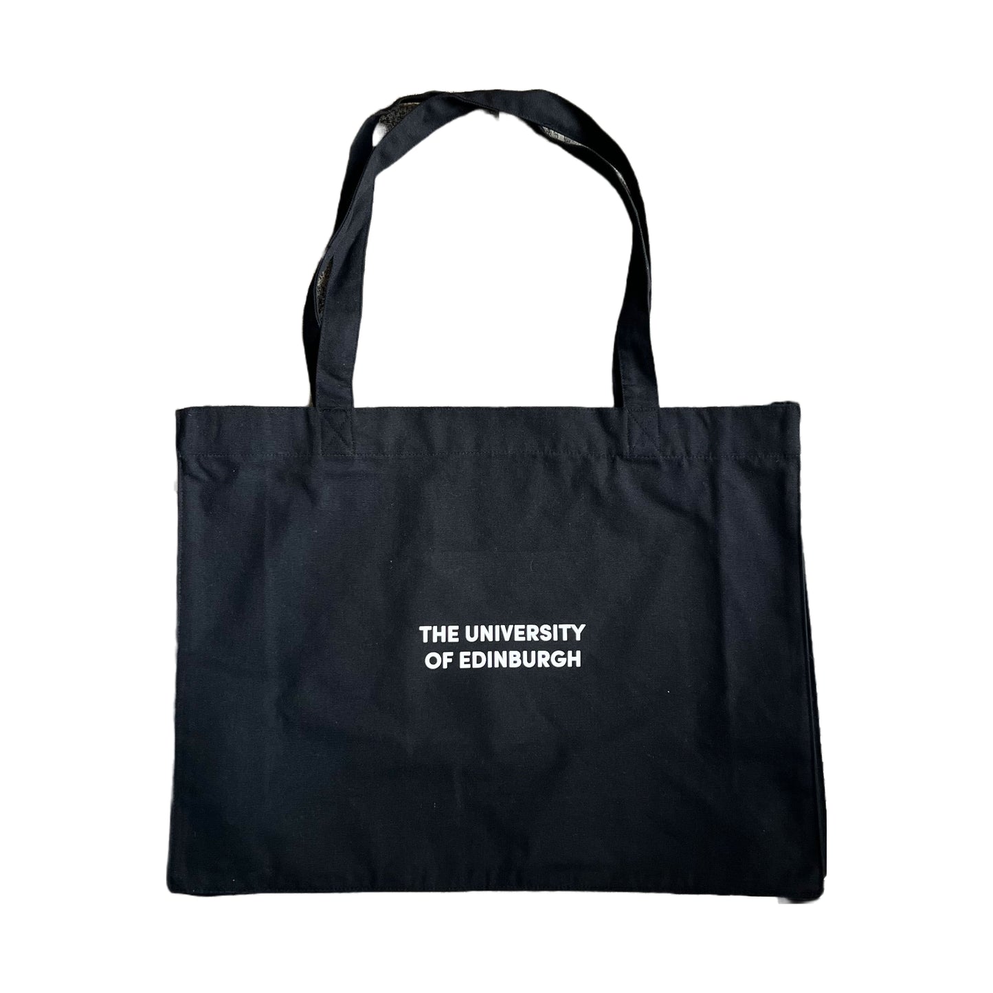 black oversized tote bag with 'the university of edinburgh' in white print