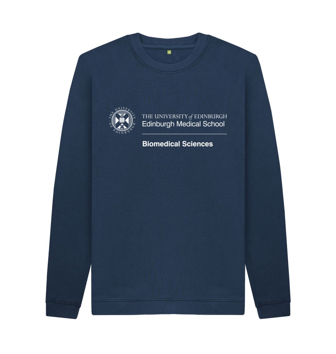 Navy Sweatshirt with white University crest and text that reads ' University of Edinburgh : Edinburgh Medical School - Biomedical Sciences '