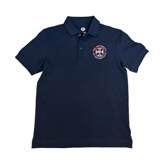 navy polo with university crest embroidered in white, red and navy