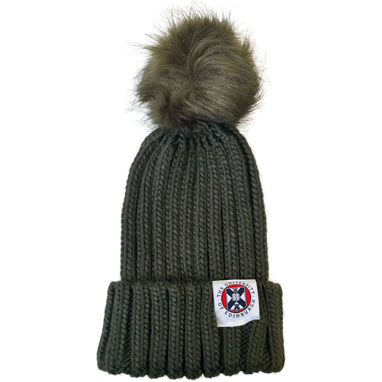 Olive Green knit beanie with faux fur pom pom and woven label featuring university crest