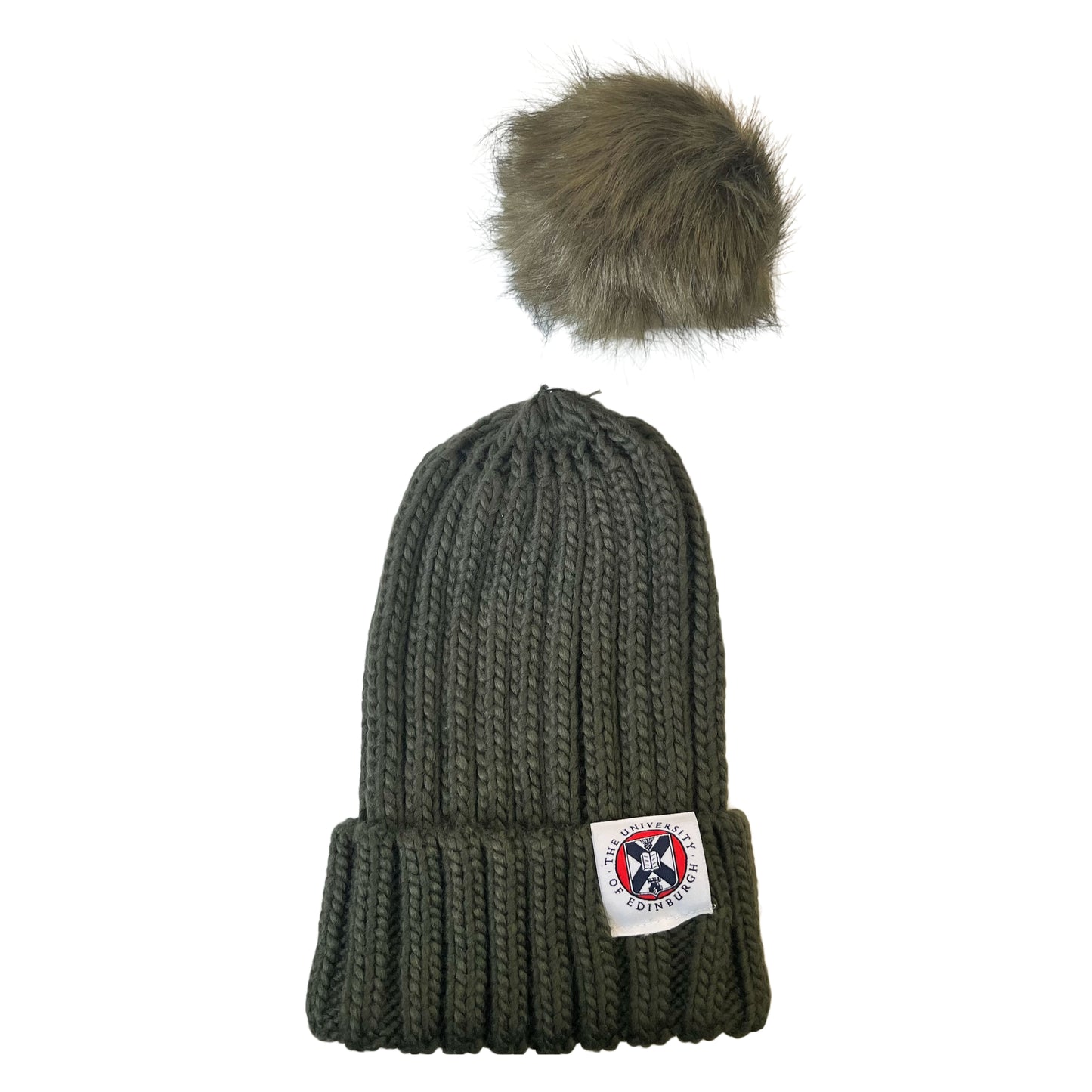 Olive Green knit beanie with detached faux fur pom pom and woven label featuring university crest
