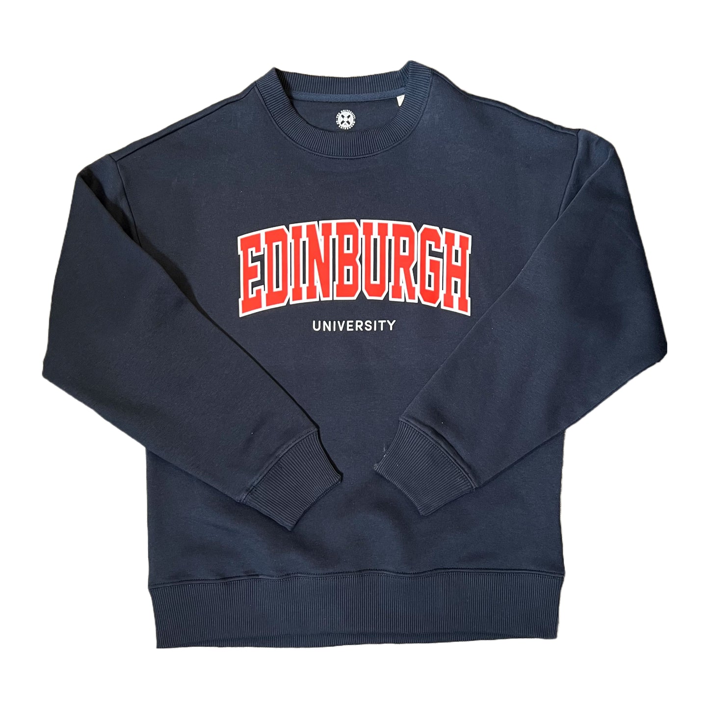 Navy sweatshirt with 'EDINBURGH UNIVERSITY' text in red and white
