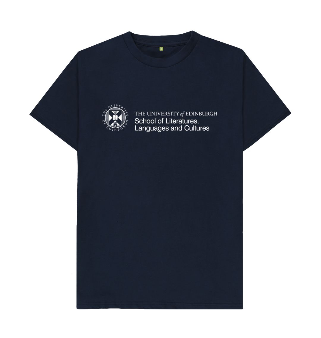 Navy T-Shirt with white University crest and text that reads ' University of Edinburgh School of Literatures, Languages and Cultures