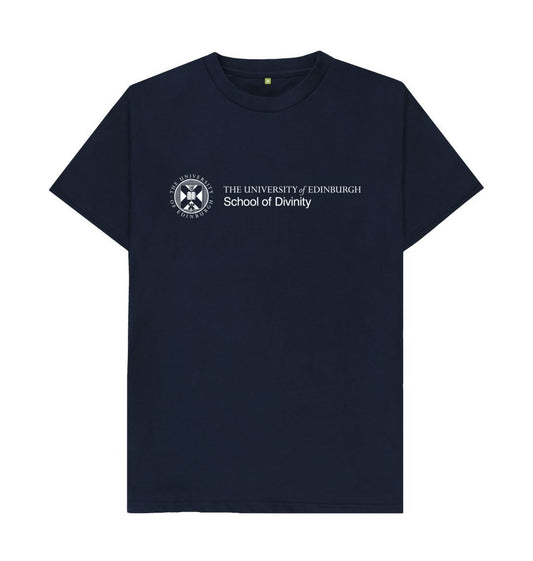 Navy T Shirt with white University crest and text that reads ' University of Edinburgh School of Divinity