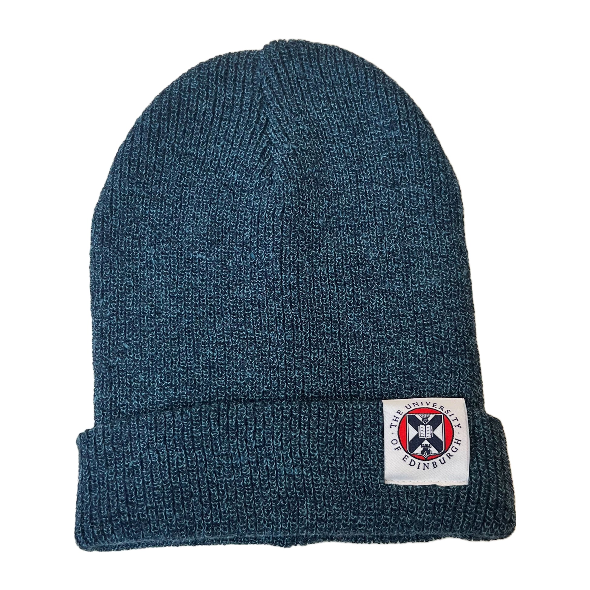 petrol blue beanies featuring woven tag with university crest