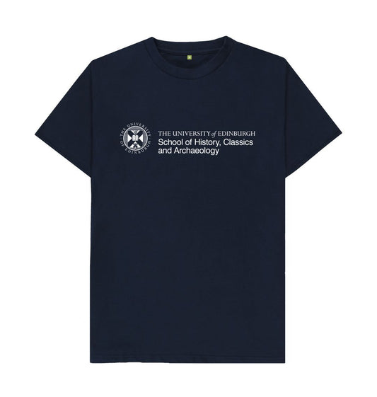 Navy T-Shirt  with white University crest and text that reads ' University of Edinburgh School of History, Classics and Archaeology