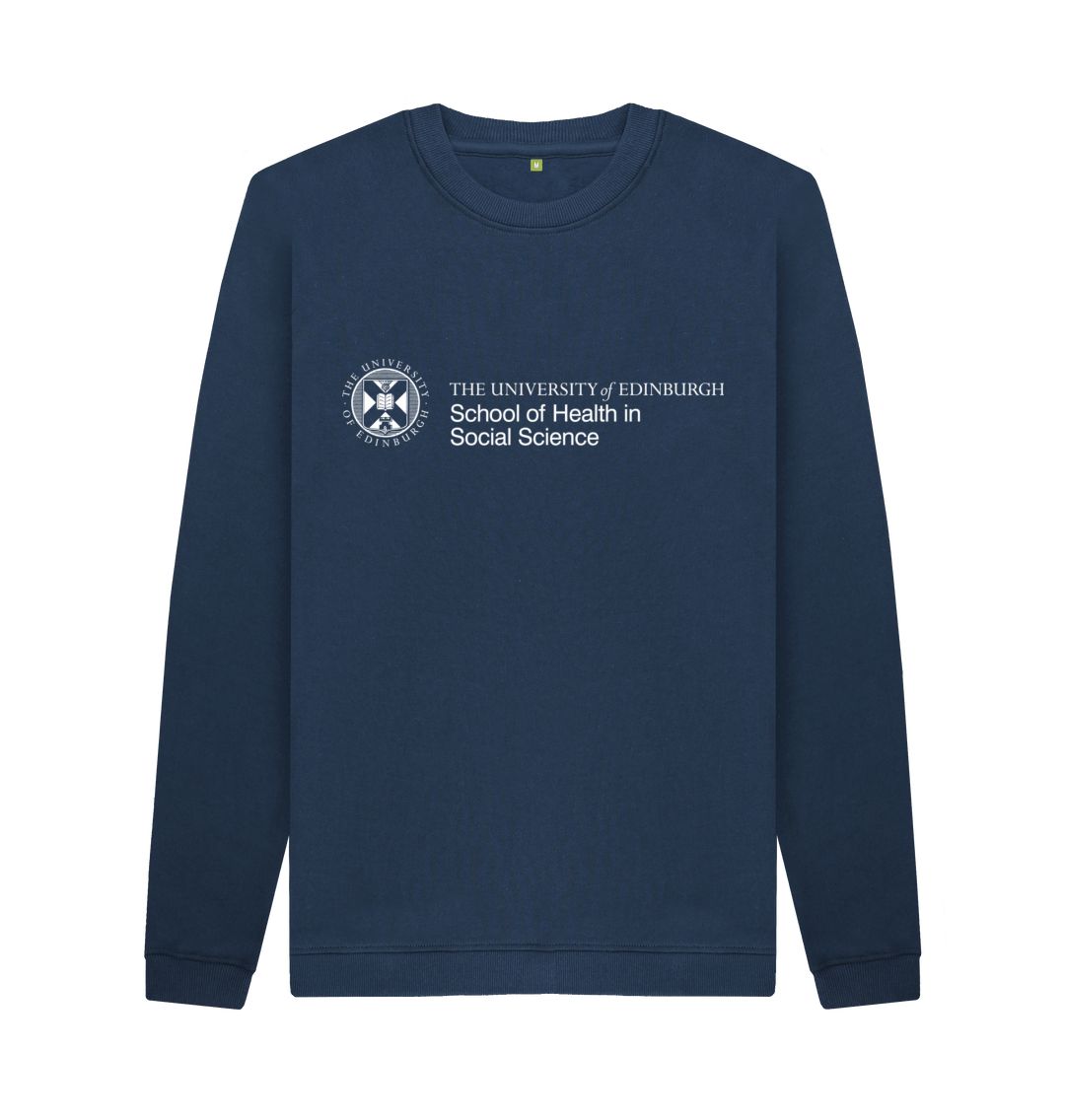 Navy Sweatshirt with white University crest and text that reads ' University of Edinburgh School of Health in Social Science