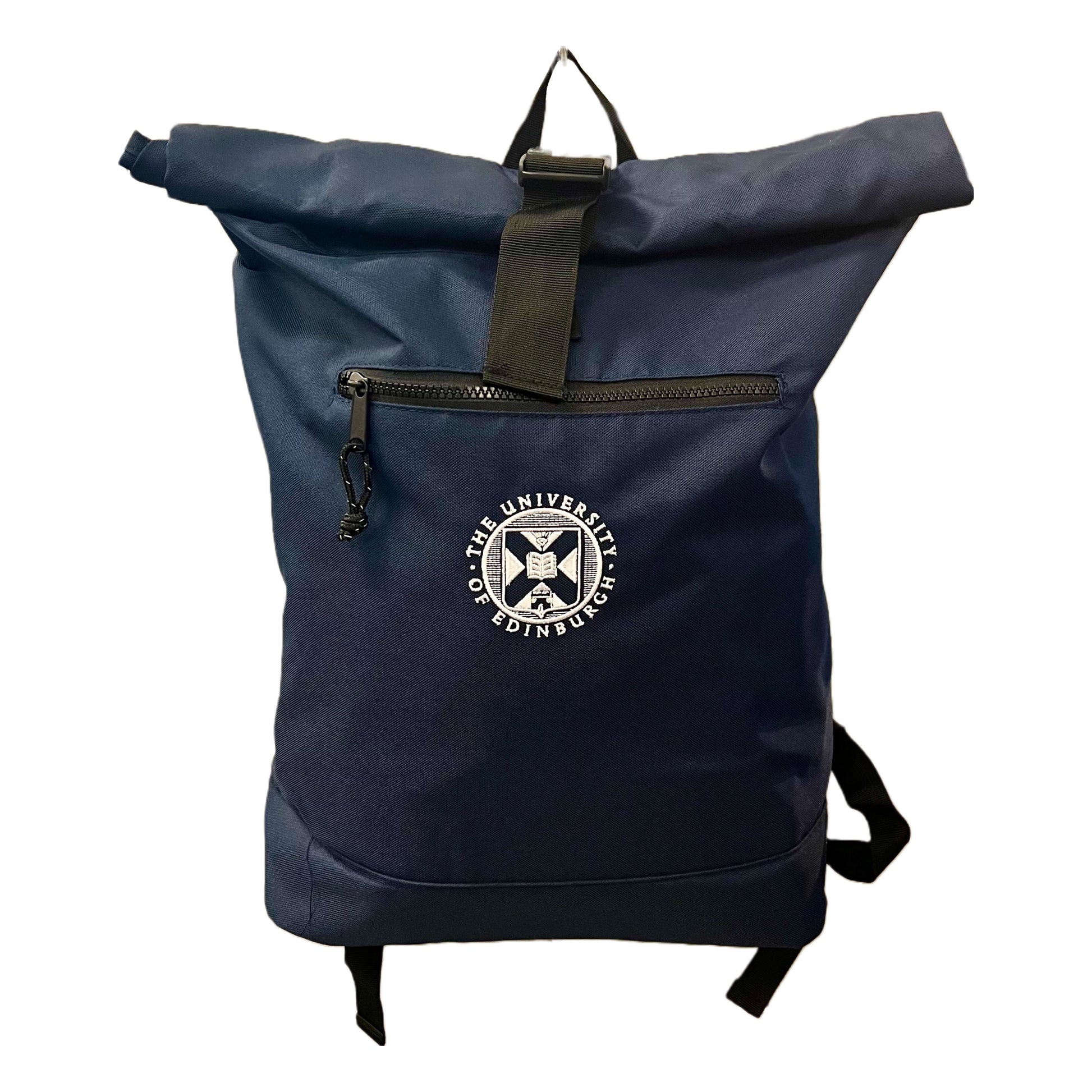 Navy roll-top backpack with University of Edinburgh crest stitched on the centre in white.