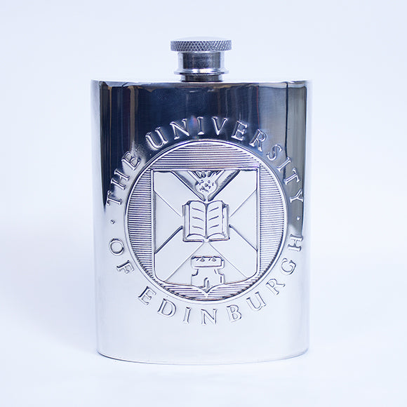 Square pewter hip flask with an embossing of the University crest. 