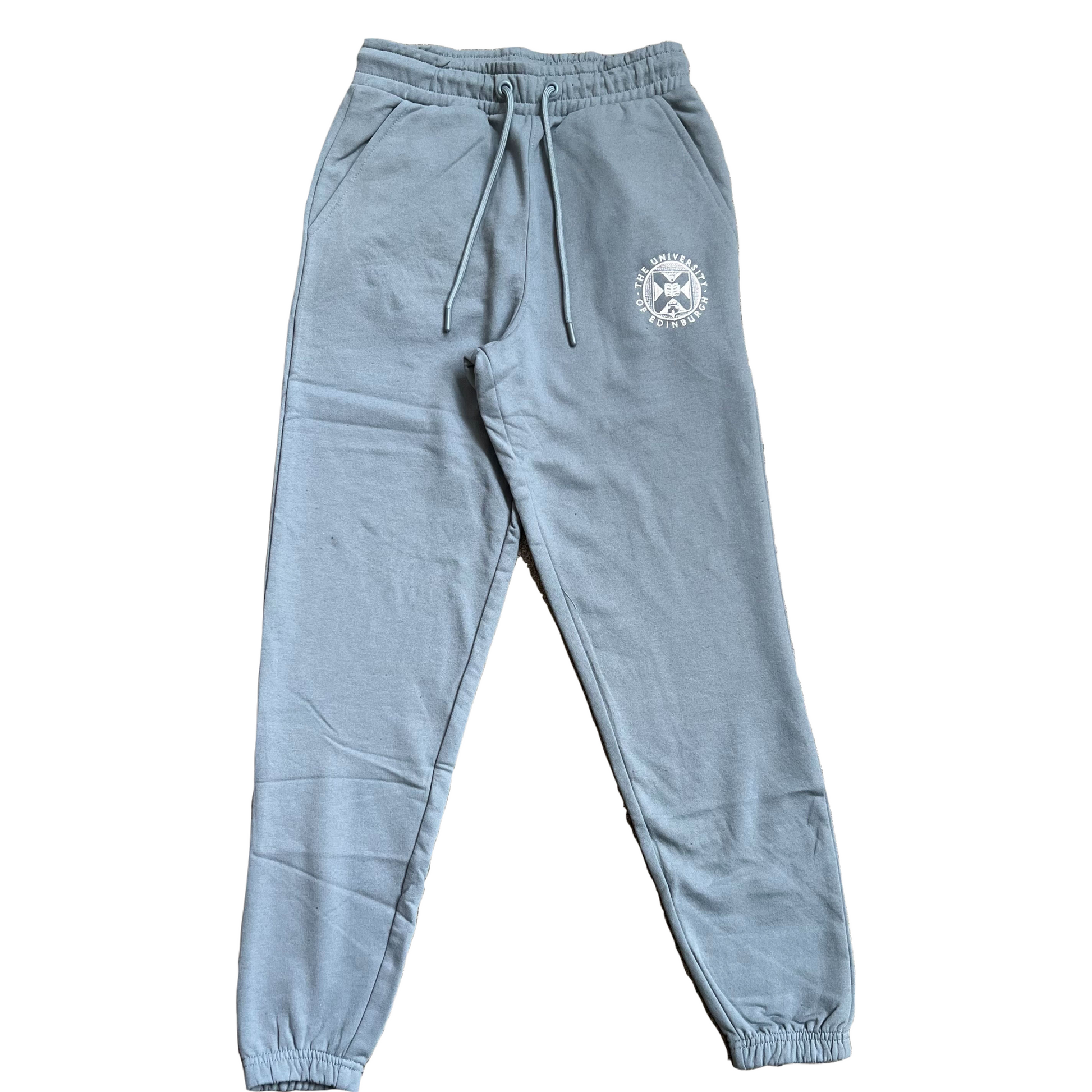 Stone blue jogging bottoms featuring university crest embroidered in white