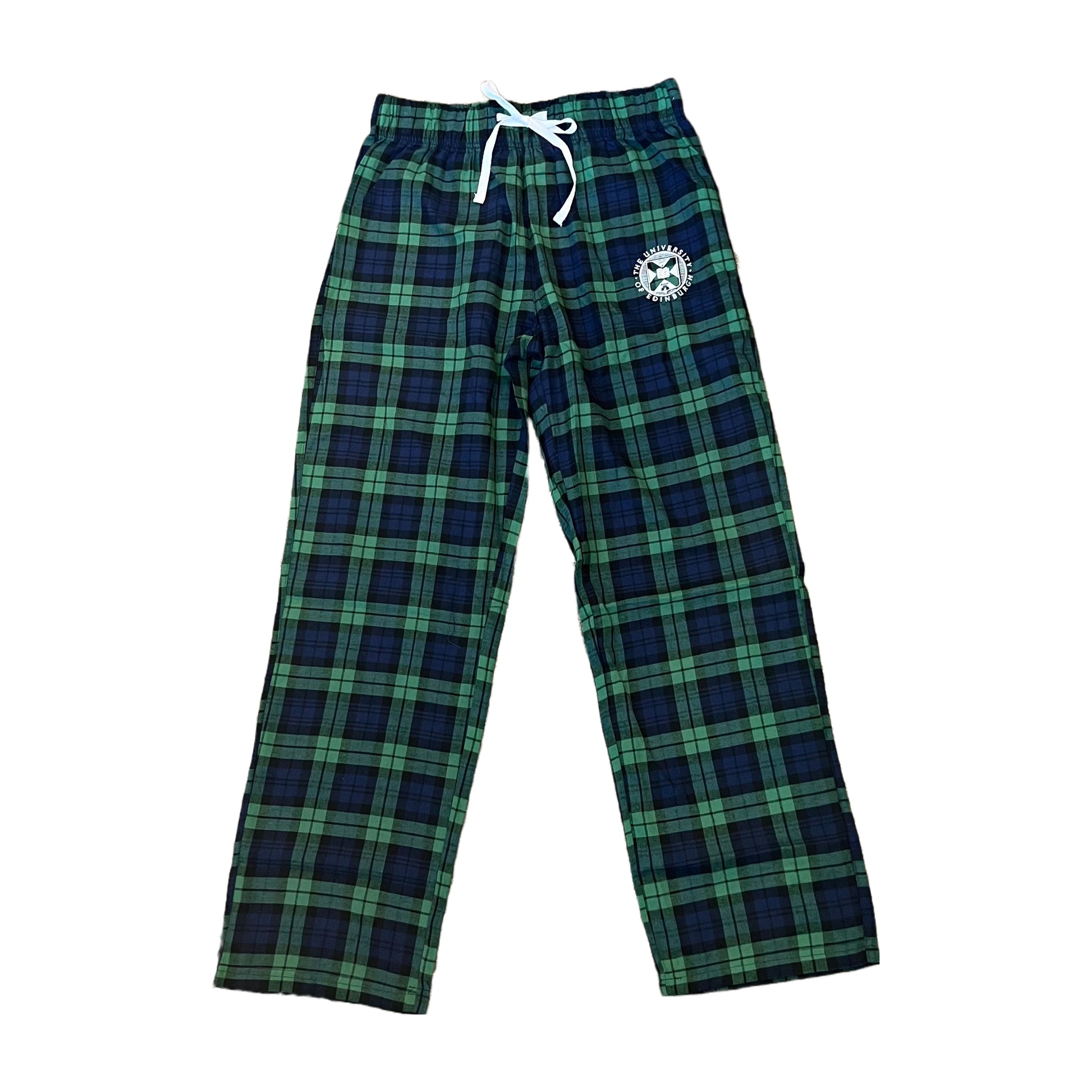 navy and green tartan trousers with university crest embroidered in white