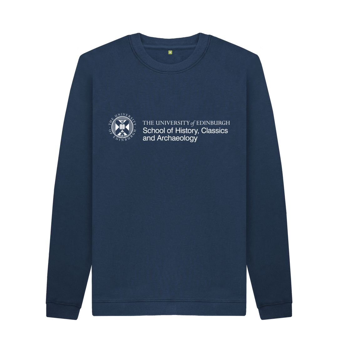 Navy sweatshirt with white University crest and text that reads ' University of Edinburgh School of History, Classics and Archaeology