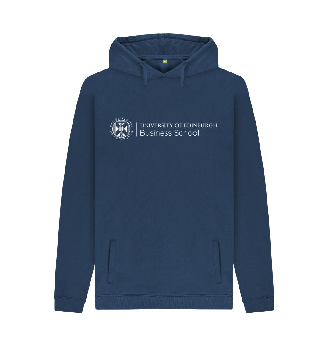 Navy hoodie with white University crest and text that reads ' University of Edinburgh Business School'