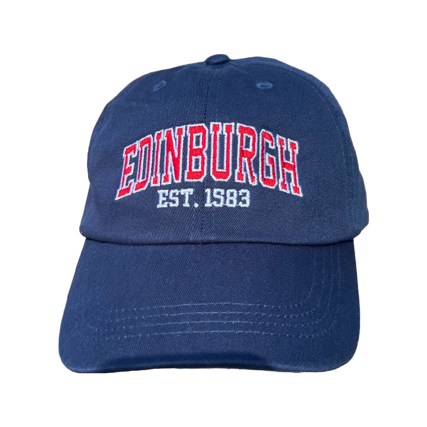 Front view of Navy Baseball cap with red and white embriodered text stating 'EDINBURGH'.  Smaller white embriodered text stating 'EST 1583' is beneath this.