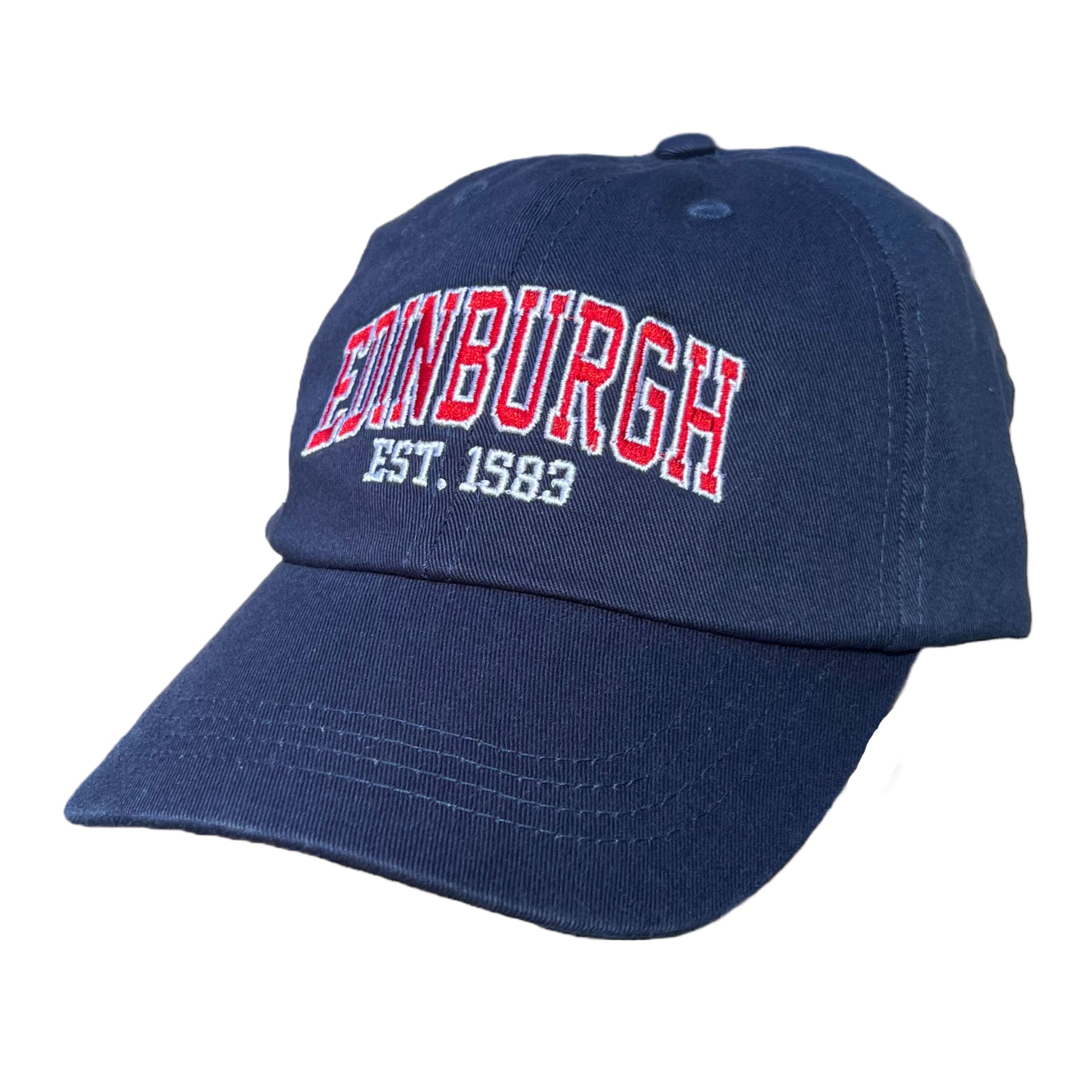 Navy baseball cap with red and white embriodered text stating 'EDINBURGH'. Beneath is smaller white embriodered text stating 'EST. 1583'.