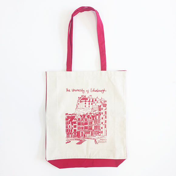 A cream coloured tote bag featuring an illustration of Edinburgh Castle in Red, with matching red handles and side panels. It reads: 'The University of Edinburgh'