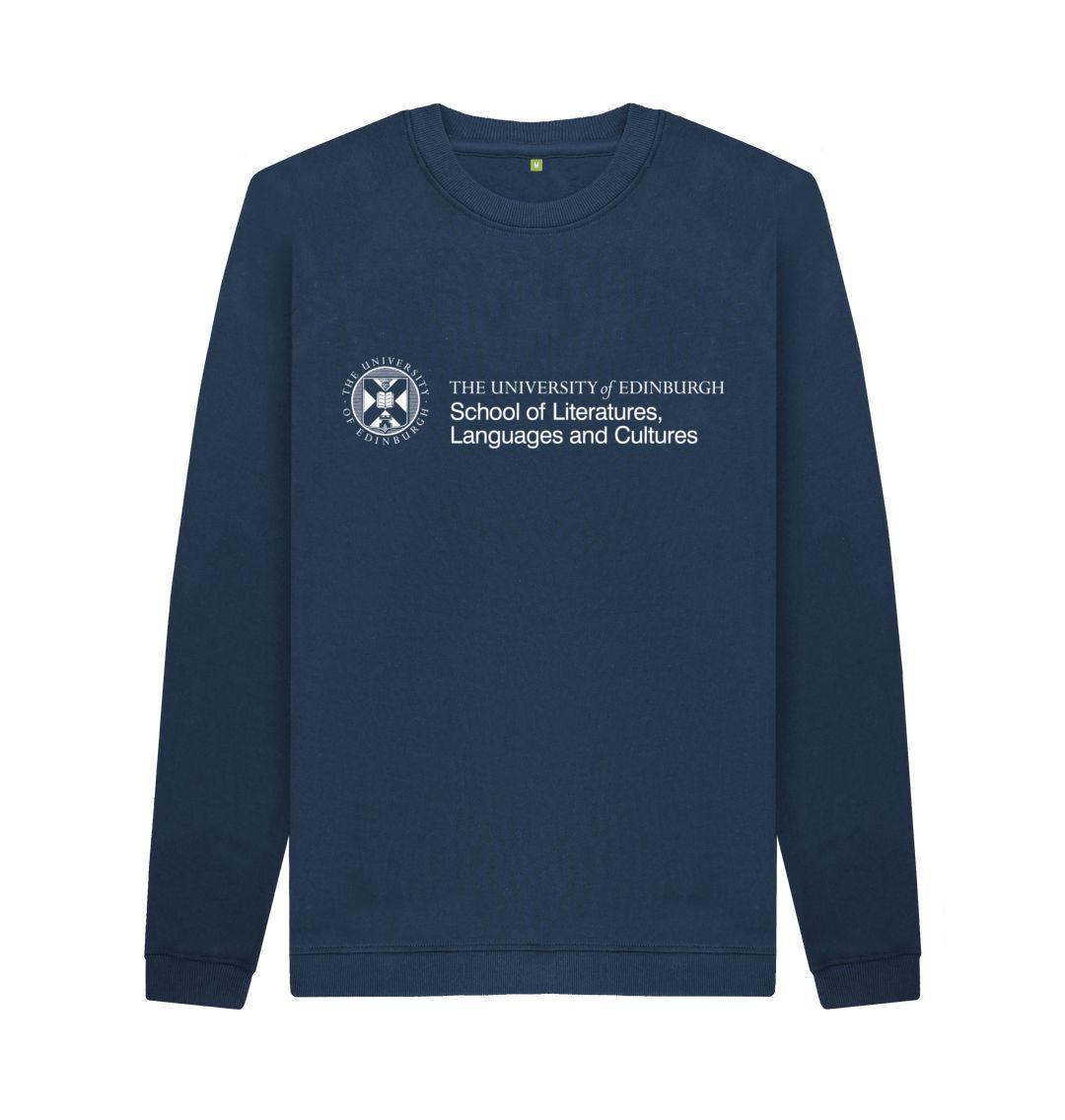 Navy sweatshirt with white University crest and text that reads ' University of Edinburgh School of Literatures, Languages and Cultures