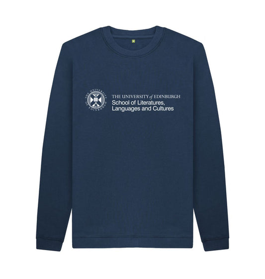 Navy sweatshirt with white University crest and text that reads ' University of Edinburgh School of Literatures, Languages and Cultures