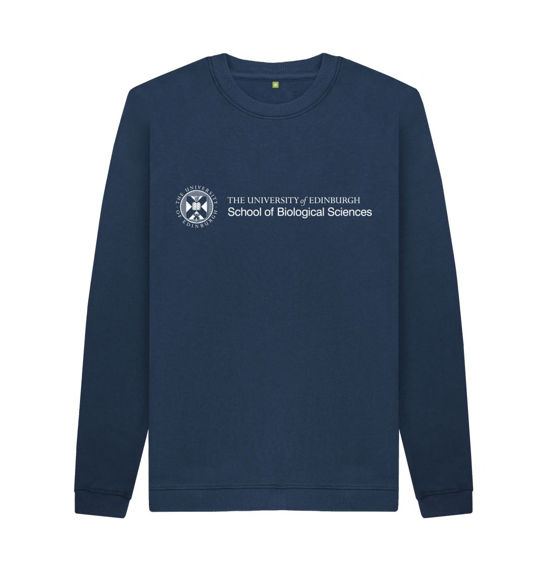Navy Sweatshirt with white University crest and text that reads ' University of Edinburgh : School of Biological Sciences'