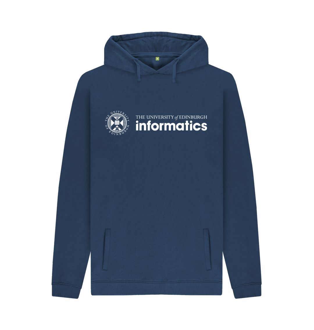 Navy hoodie with white University crest and text that reads ' University of Edinburgh: Informatics'