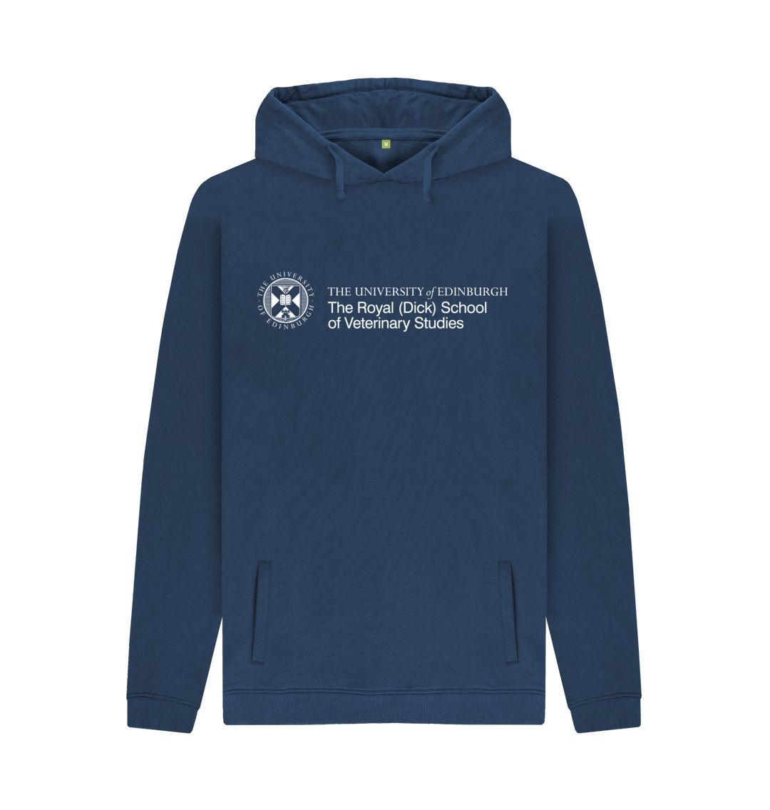 Navy hoodie with white University crest and text that reads ' University of Edinburgh:  The Royal (Dick) School of Veterinary Studies 